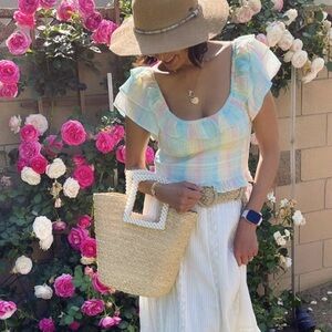 LOVESHACKFANCY Pastel Rainbow Ombré Ruffled Smock Crop Top Blouse - WORN ONCE